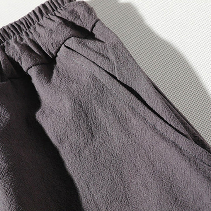 Buddha Stones 2-teiliges schlichtes T-Shirt mit gekerbtem Kragen und Shorts mit weitem Bein und Taschen aus Baumwollleinen für Herren