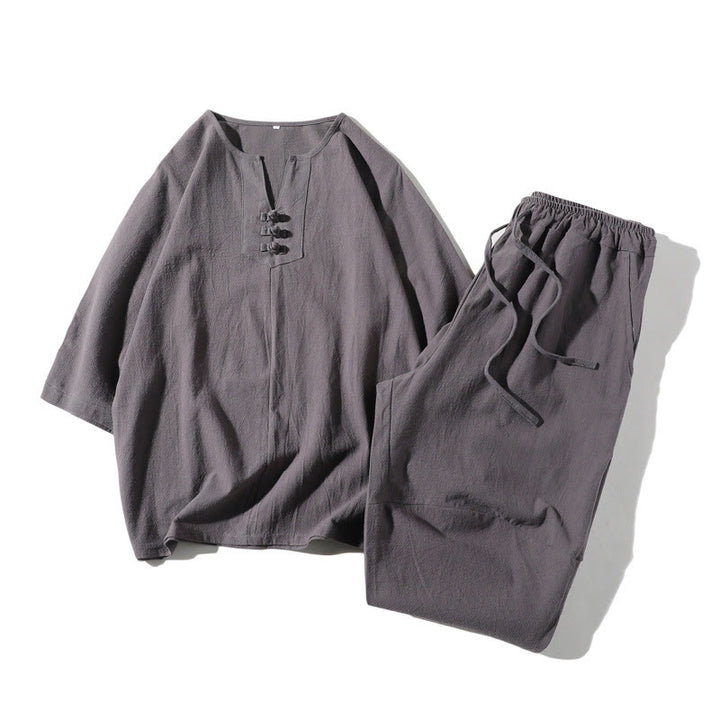 Buddha Stones 2-teiliges schlichtes T-Shirt mit gekerbtem Kragen und Shorts mit weitem Bein und Taschen aus Baumwollleinen für Herren