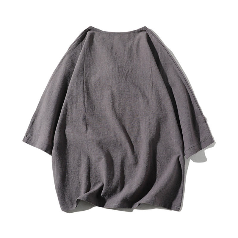 Buddha Stones 2-teiliges schlichtes T-Shirt mit gekerbtem Kragen und Shorts mit weitem Bein und Taschen aus Baumwollleinen für Herren