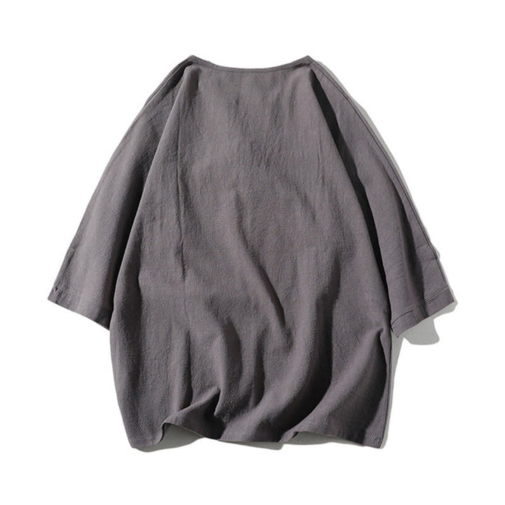 Buddha Stones 2-teiliges schlichtes T-Shirt mit gekerbtem Kragen und Shorts mit weitem Bein und Taschen aus Baumwollleinen für Herren
