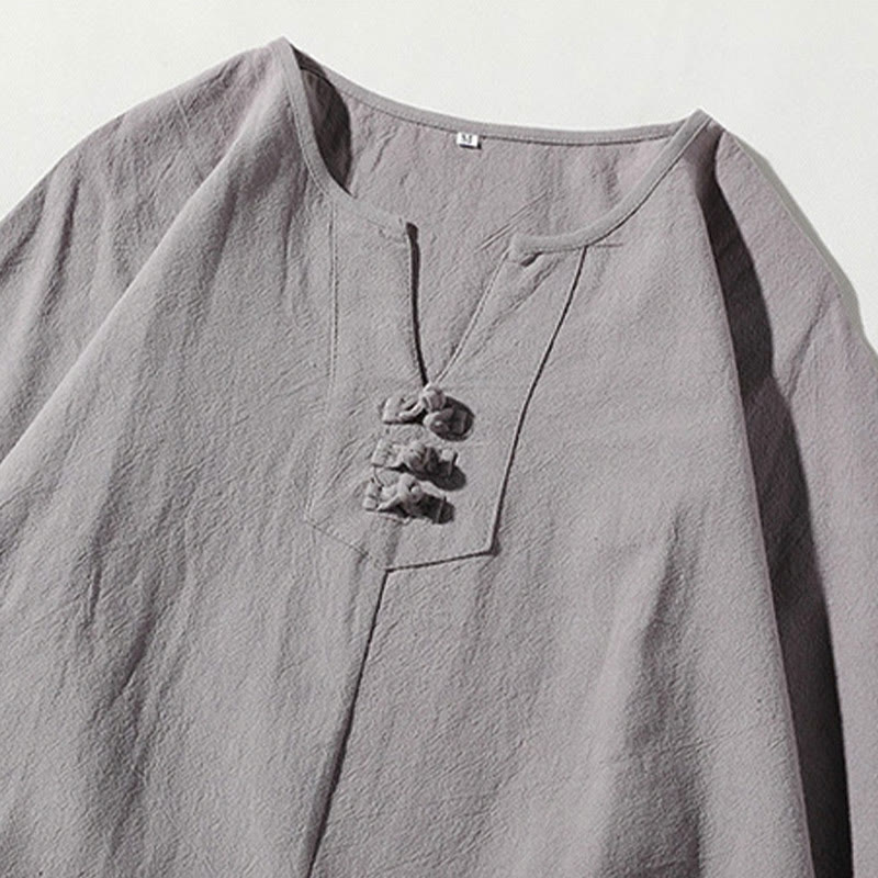Buddha Stones 2-teiliges schlichtes T-Shirt mit gekerbtem Kragen und Shorts mit weitem Bein und Taschen aus Baumwollleinen für Herren