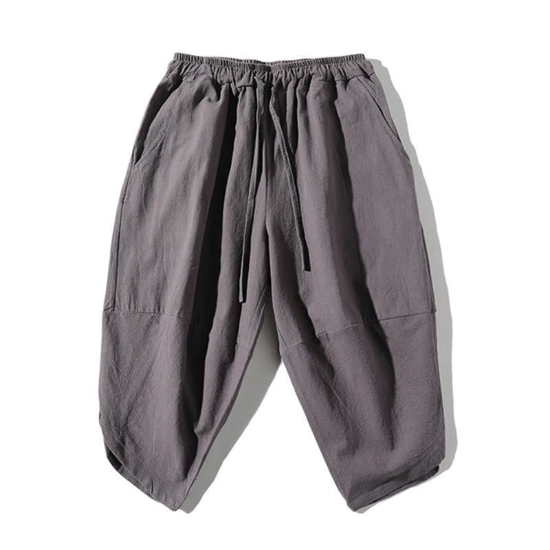 Buddha Stones 2-teiliges schlichtes T-Shirt mit gekerbtem Kragen und Shorts mit weitem Bein und Taschen aus Baumwollleinen für Herren