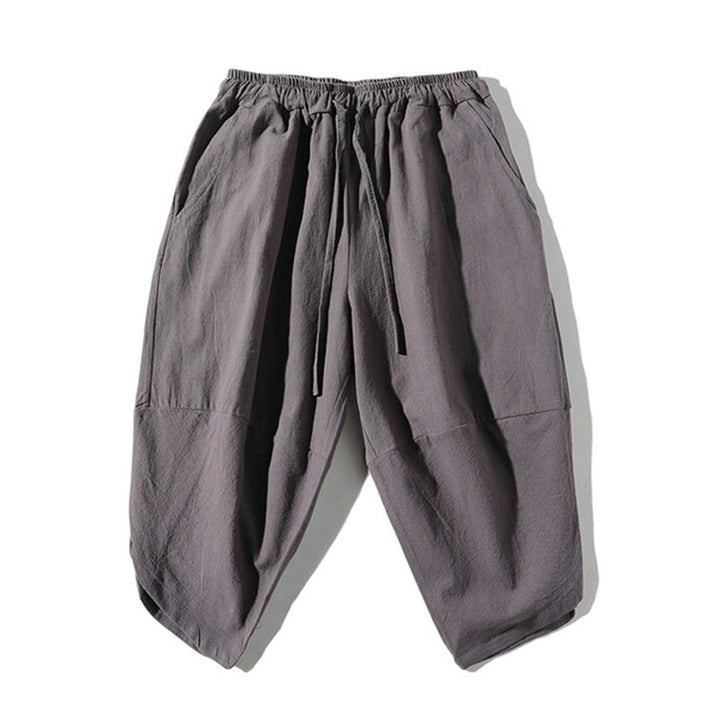 Buddha Stones 2-teiliges schlichtes T-Shirt mit gekerbtem Kragen und Shorts mit weitem Bein und Taschen aus Baumwollleinen für Herren