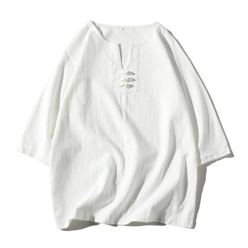 Buddha Stones 2-teiliges schlichtes T-Shirt mit gekerbtem Kragen und Shorts mit weitem Bein und Taschen aus Baumwollleinen für Herren