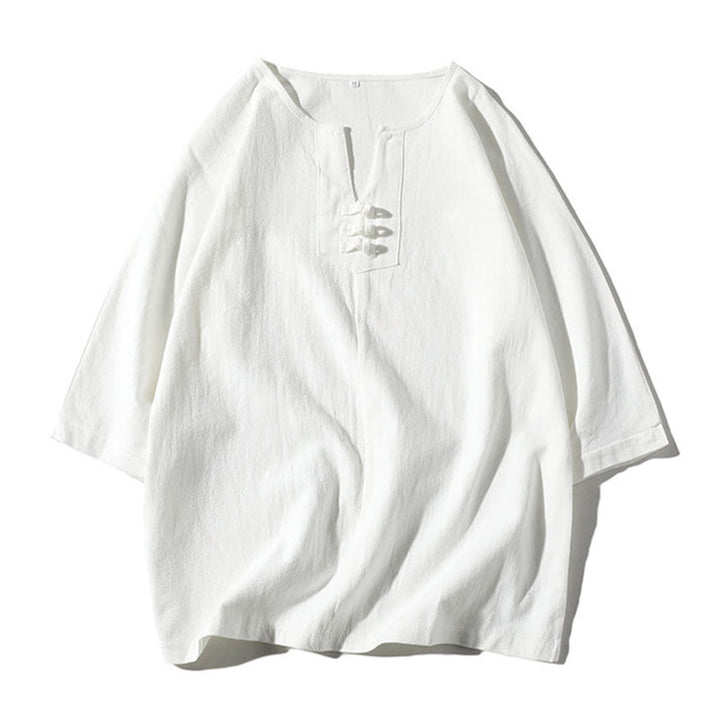 Buddha Stones 2-teiliges schlichtes T-Shirt mit gekerbtem Kragen und Shorts mit weitem Bein und Taschen aus Baumwollleinen für Herren