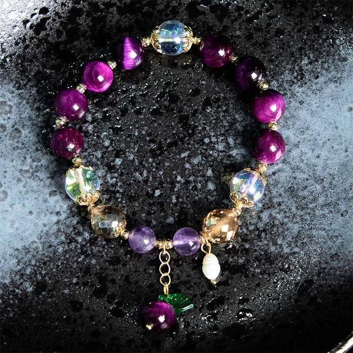 Buddha Stones Natürliches rotes Tigerauge, violette Tigerauge-Perlen, grünes Blatt, Schutzarmband