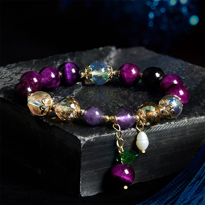 Buddha Stones Natürliches rotes Tigerauge, violette Tigerauge-Perlen, grünes Blatt, Schutzarmband