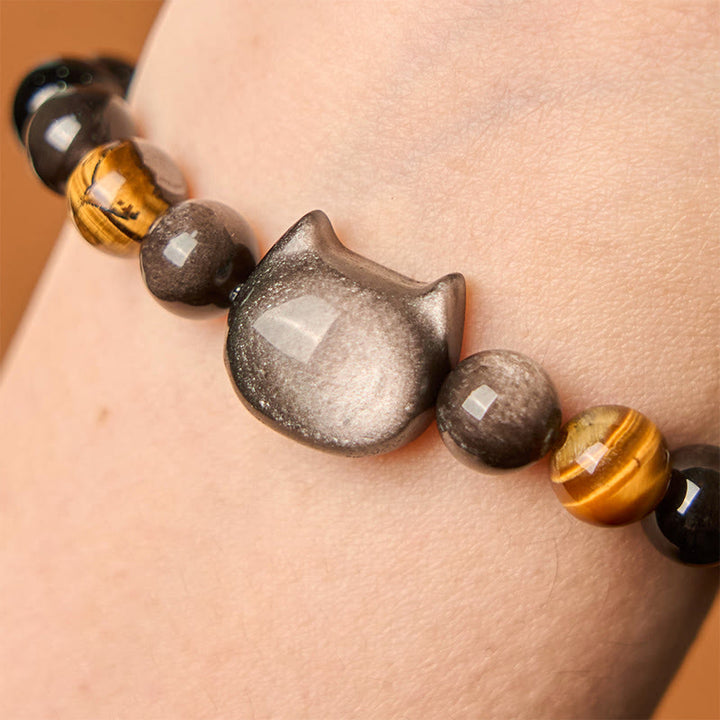 Buddha Stones Natürliche Silber Glanz Obsidian Perlen Süße Katze Beruhigendes Armband - image 5