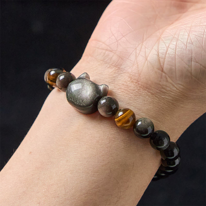 Buddha Stones Natürliche Silber Glanz Obsidian Perlen Süße Katze Beruhigendes Armband - image 6