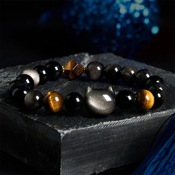 Buddha Stones Natürliche Silber Glanz Obsidian Perlen Süße Katze Beruhigendes Armband - image 3