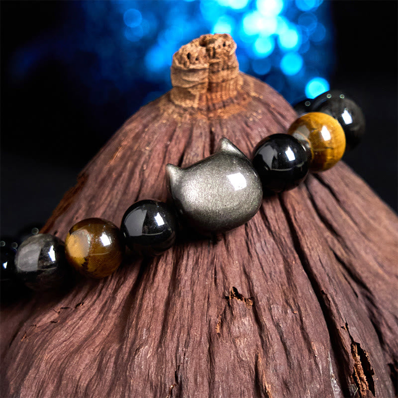 Buddha Stones Natürliche Silber Glanz Obsidian Perlen Süße Katze Beruhigendes Armband - image 4