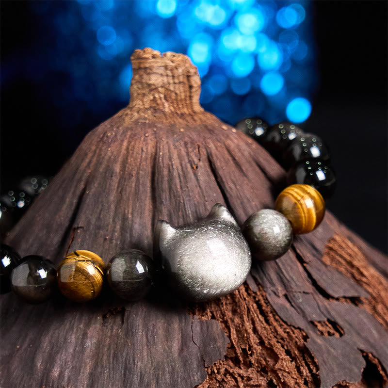 Buddha Stones Natürliche Silber Glanz Obsidian Perlen Süße Katze Beruhigendes Armband - image 7
