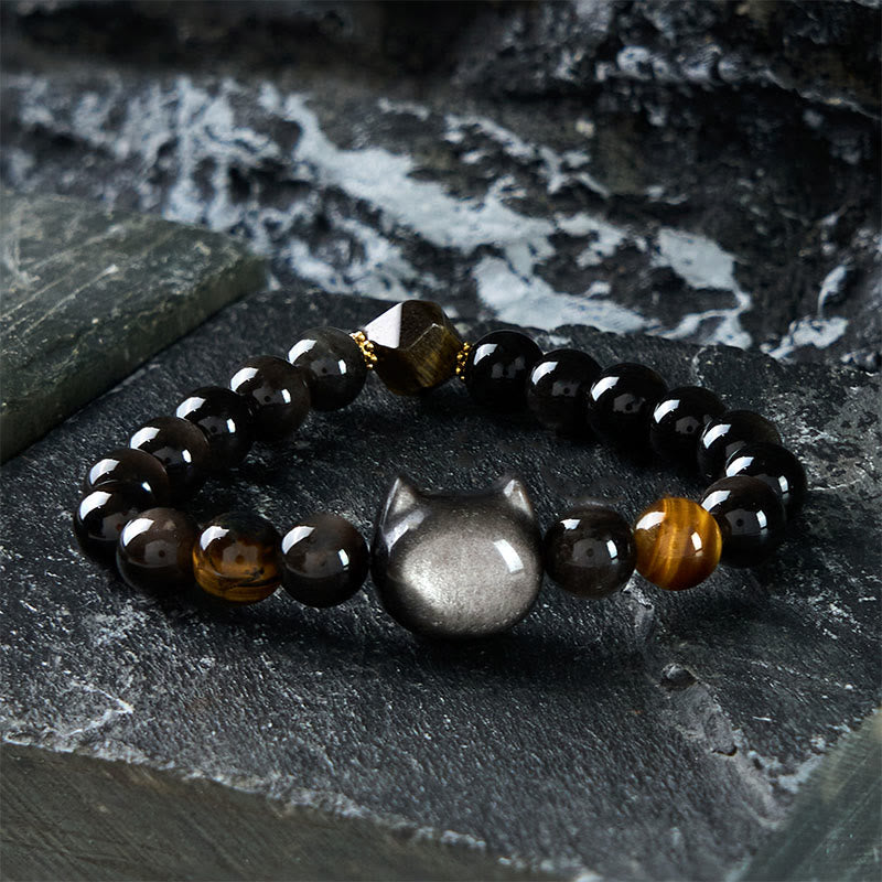Buddha Stones Natürliche Silber Glanz Obsidian Perlen Süße Katze Beruhigendes Armband - 21-22 cm - image 1