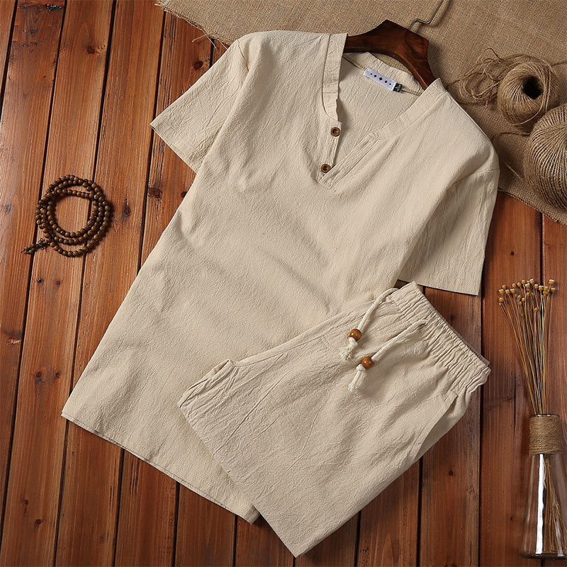 Buddha Stones 2-teiliges schlichtes T-Shirt mit gekerbtem Kragen und kurzen Ärmeln sowie Shorts mit Taschen aus Baumwollleinen für Herren - Khaki - US/UK/AU44, EU54 (5XL) - image 0