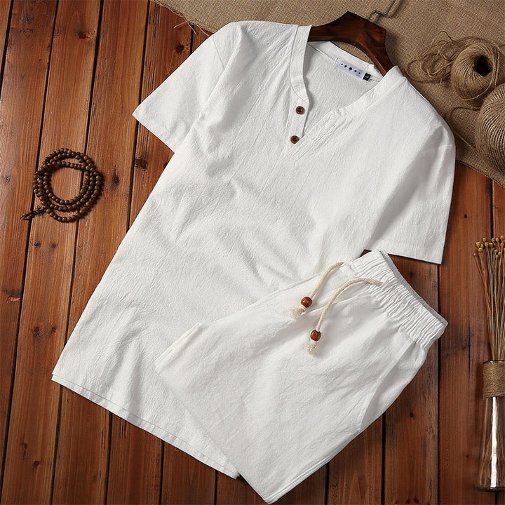 Buddha Stones 2-teiliges schlichtes T-Shirt mit gekerbtem Kragen und kurzen Ärmeln sowie Shorts mit Taschen aus Baumwollleinen für Herren - Weiß - US/ UK/AU44, EU54 (5XL) - image 1