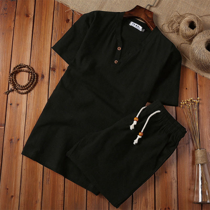 Buddha Stones 2-teiliges schlichtes T-Shirt mit gekerbtem Kragen und kurzen Ärmeln sowie Shorts mit Taschen aus Baumwollleinen für Herren - Schwarz - US/ UK/AU44, EU54 (5XL) - image 3
