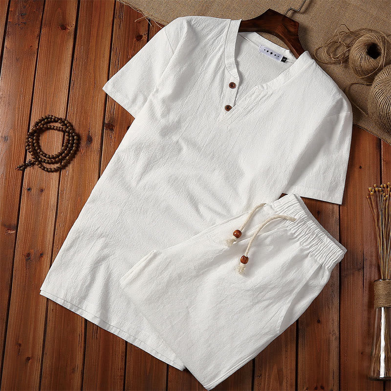 Buddha Stones Sommer-Set, lässig, 2-teilig, schlicht, T-Shirt mit Reverskragen, Kordelzug-Shorts mit Taschen, Baumwoll-Leinen, Herren-Meditationskleidung - Weiß - US/ UK/AU46，EU56 (5XL) - image 2