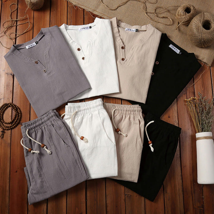 Buddha Stones 2-teiliges schlichtes T-Shirt mit gekerbtem Kragen und kurzen Ärmeln sowie Shorts mit Taschen aus Baumwollleinen für Herren - image 20