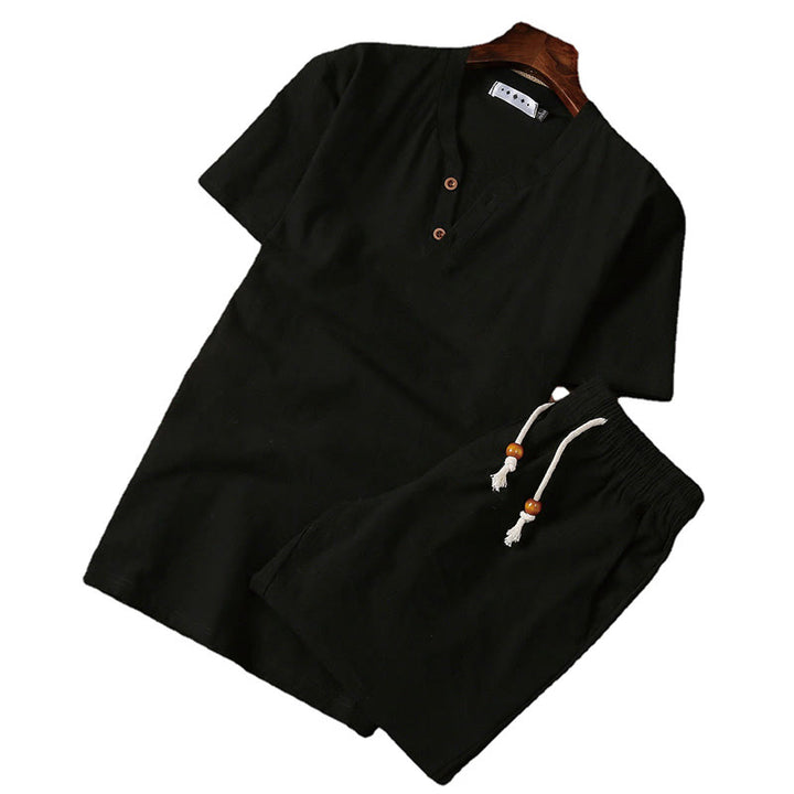 Buddha Stones 2-teiliges schlichtes T-Shirt mit gekerbtem Kragen und kurzen Ärmeln sowie Shorts mit Taschen aus Baumwollleinen für Herren - image 6