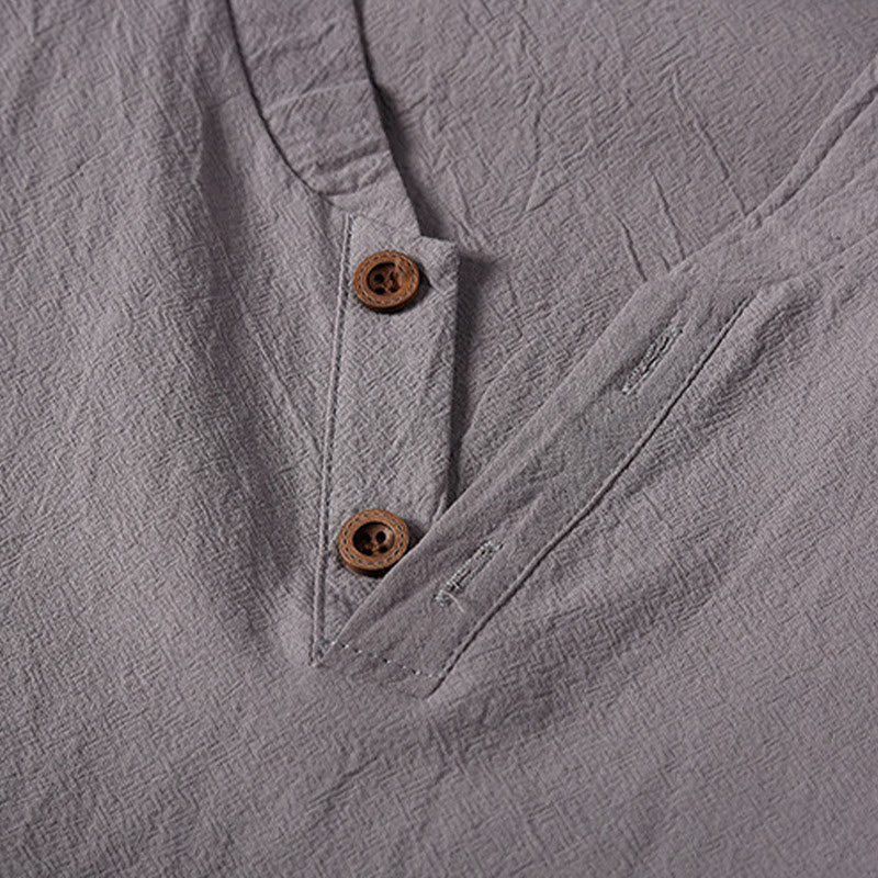 Buddha Stones 2-teiliges schlichtes T-Shirt mit gekerbtem Kragen und kurzen Ärmeln sowie Shorts mit Taschen aus Baumwollleinen für Herren - image 9