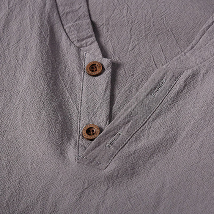 Buddha Stones 2-teiliges schlichtes T-Shirt mit gekerbtem Kragen und kurzen Ärmeln sowie Shorts mit Taschen aus Baumwollleinen für Herren - image 9