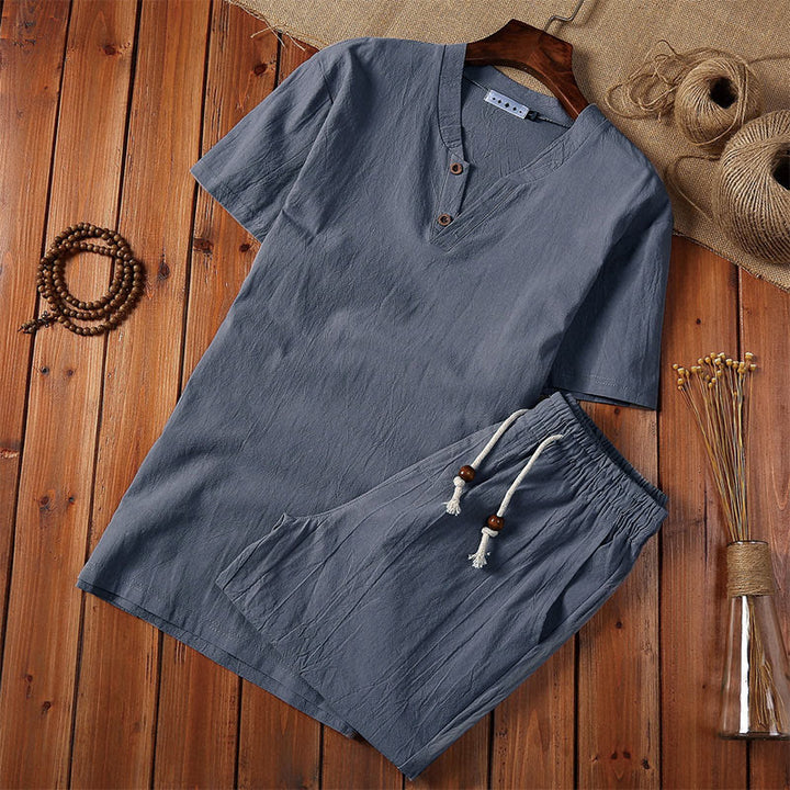 Buddha Stones 2-teiliges schlichtes T-Shirt mit gekerbtem Kragen und kurzen Ärmeln sowie Shorts mit Taschen aus Baumwollleinen für Herren - Schiefergrau - US/ UK/AU44, EU54 (5XL) - image 6