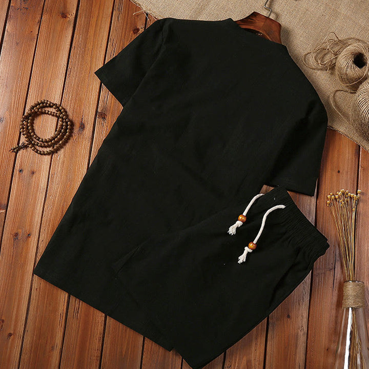Buddha Stones 2-teiliges schlichtes T-Shirt mit gekerbtem Kragen und kurzen Ärmeln sowie Shorts mit Taschen aus Baumwollleinen für Herren - image 4
