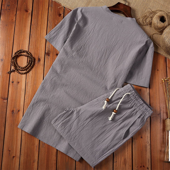 Buddha Stones 2-teiliges schlichtes T-Shirt mit gekerbtem Kragen und kurzen Ärmeln sowie Shorts mit Taschen aus Baumwollleinen für Herren - image 8