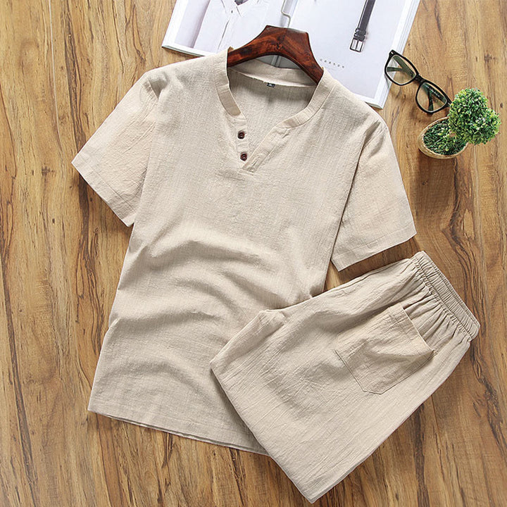 Buddha Stones Lässiges 2-teiliges T-Shirt mit einfachen Ärmeln und Shorts mit Taschen aus Baumwollleinen für Herren - Blasse Goldrute - US/ UK/AU46，EU56 (5XL) - image 1