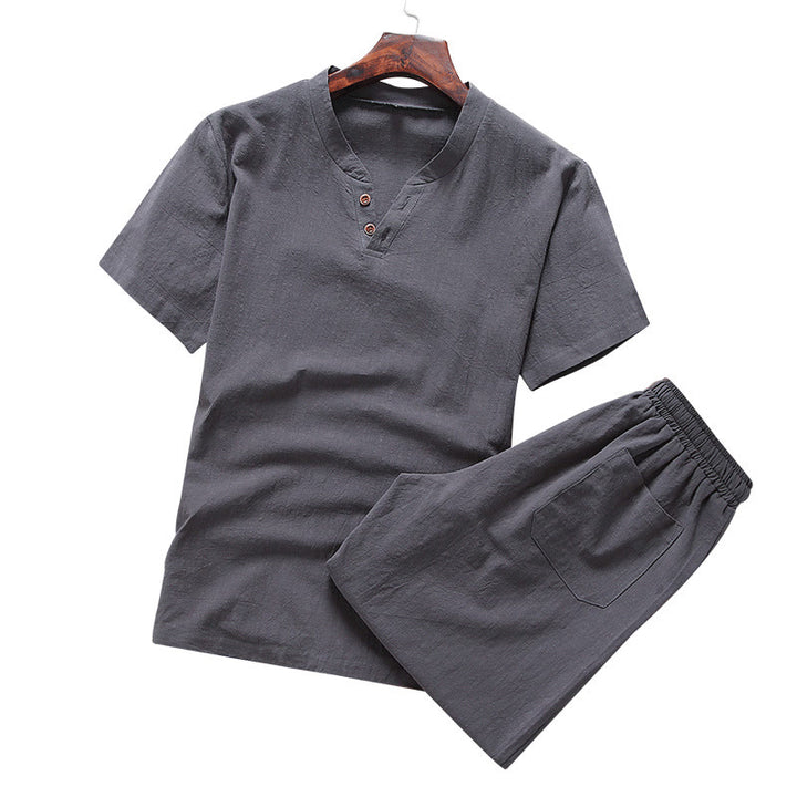 Buddha Stones Lässiges 2-teiliges T-Shirt mit einfachen Ärmeln und Shorts mit Taschen aus Baumwollleinen für Herren - image 7