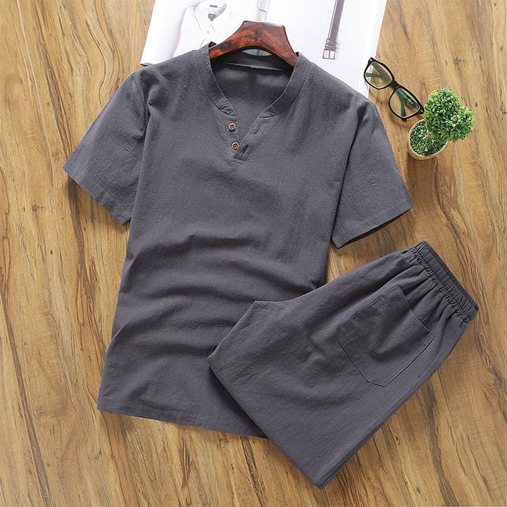 Buddha Stones Lässiges 2-teiliges T-Shirt mit einfachen Ärmeln und Shorts mit Taschen aus Baumwollleinen für Herren - Dunkelgrau - US/ UK/AU46，EU56 (5XL) - image 6