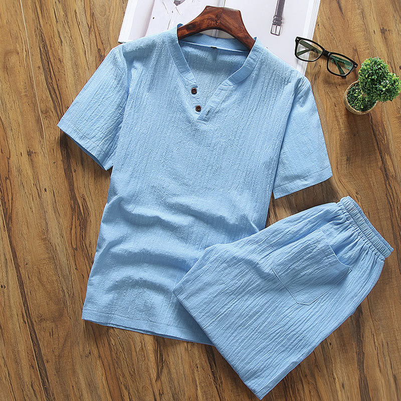 Buddha Stones Freizeit-Set, 2-teilig, schlichtes T-Shirt mit Shorts und Taschen, Baumwoll-Leinen-Meditationskleidung für Herren - Tiefblau - US/ UK/AU46, EU56 (5XL) - image 9