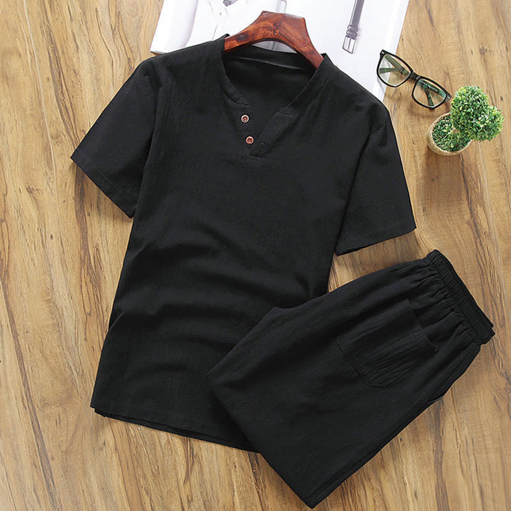 Buddha Stones Lässiges 2-teiliges T-Shirt mit einfachen Ärmeln und Shorts mit Taschen aus Baumwollleinen für Herren - Schwarz - US/ UK/AU46，EU56 (5XL) - image 8