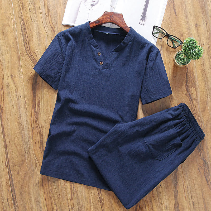 Buddha Stones Lässiges 2-teiliges T-Shirt mit einfachen Ärmeln und Shorts mit Taschen aus Baumwollleinen für Herren - Mitternachtsblau - US/ UK/AU46，EU56 (5XL) - image 9