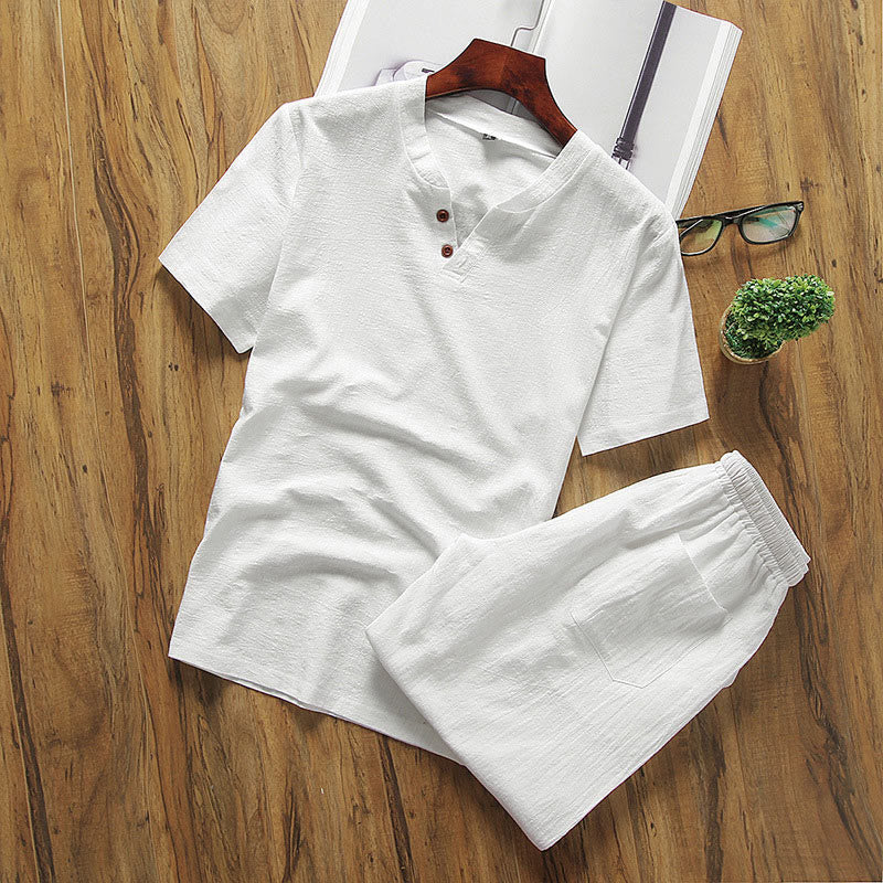 Buddha Stones Freizeit-Set, 2-teilig, schlichtes T-Shirt und Shorts mit Taschen, Herren-Meditationskleidung - Weiß - US/UK/AU46, EU56 (5XL) - image 1