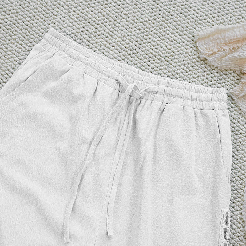 Buddha Stones Sommer-Damenhose aus Baumwolle und Leinen mit einfarbigem Spleißdesign und Taschen - image 3