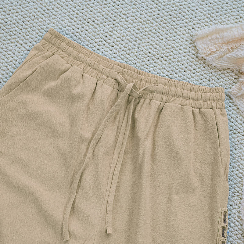 Buddha Stones Sommer-Damenhose aus Baumwolle und Leinen mit einfarbigem Spleißdesign und Taschen - image 24