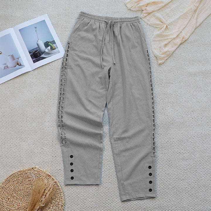 Buddha Stones Sommer-Damenhose aus Baumwolle und Leinen mit einfarbigem Spleißdesign und Taschen - image 15
