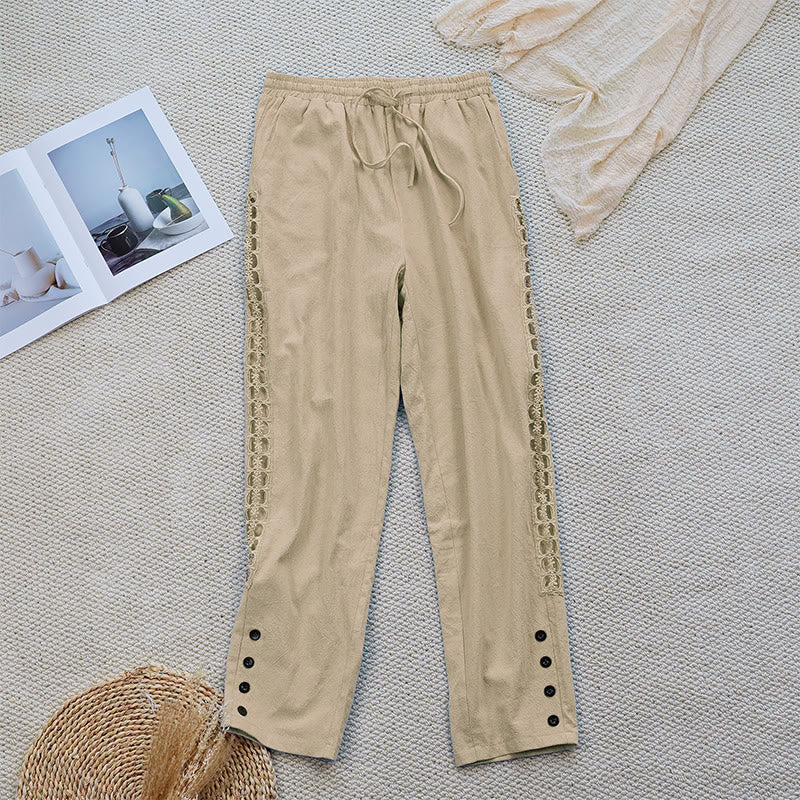Buddha Stones Sommer-Damenhose aus Baumwolle und Leinen mit einfarbigem Spleißdesign und Taschen - Blasse Goldrute - US12， UK/AU16，EU44 (2XL) - image 21