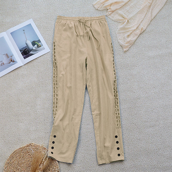 Buddha Stones Sommer-Damenhose aus Baumwolle und Leinen mit einfarbigem Spleißdesign und Taschen - Blasse Goldrute - US12， UK/AU16，EU44 (2XL) - image 21