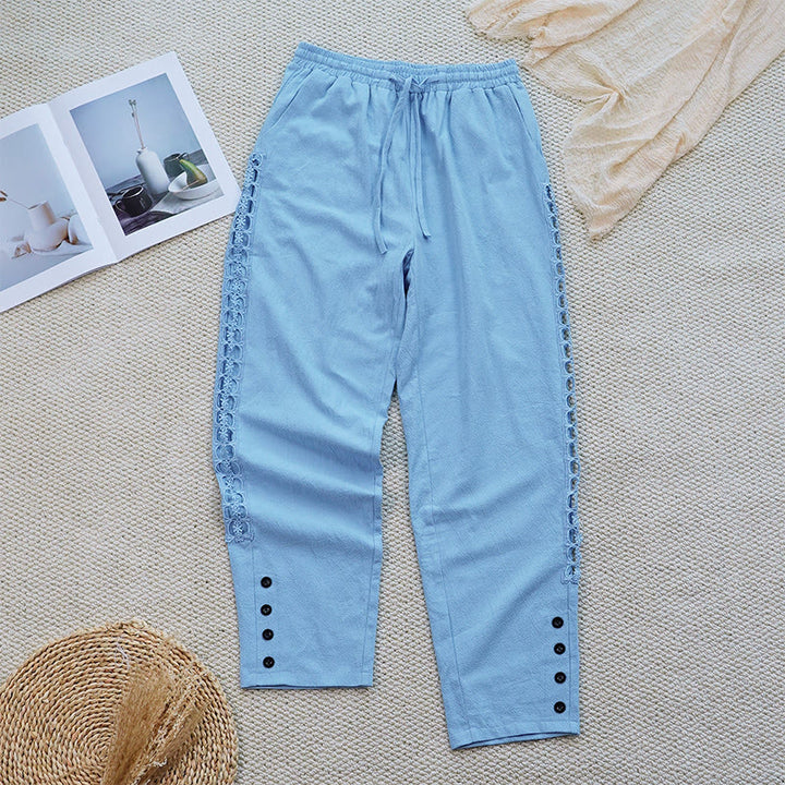 Buddha Stones Sommer-Damenhose aus Baumwolle und Leinen mit einfarbigem Spleißdesign und Taschen - image 29