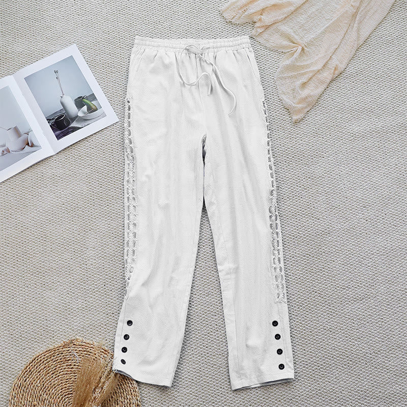 Buddha Stones Sommer-Damenhose aus Baumwolle und Leinen mit einfarbigem Spleißdesign und Taschen - BlumenWeiß - US12， UK/AU16，EU44 (2XL) - image 0