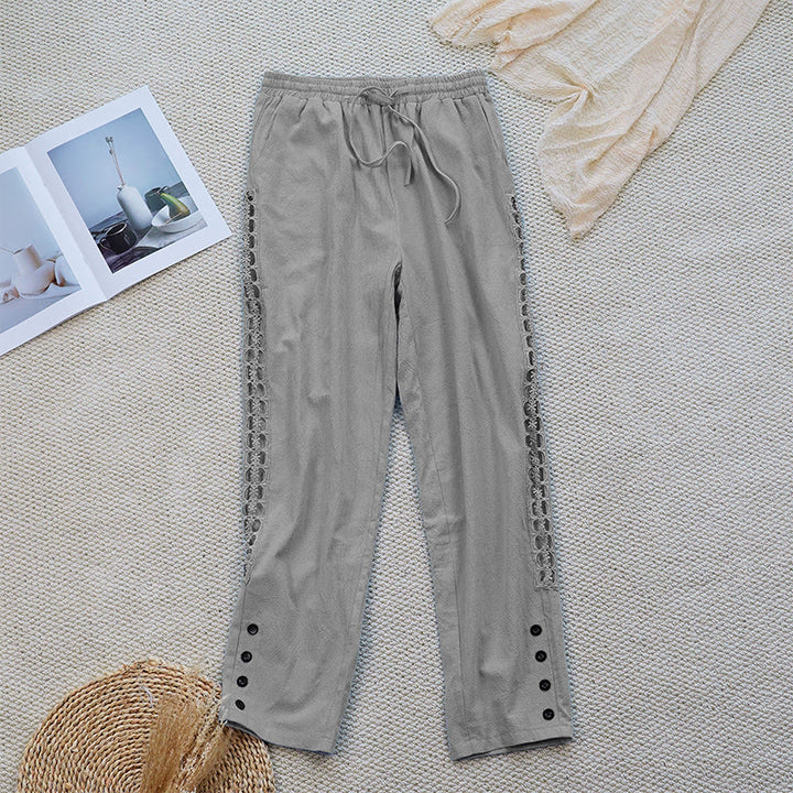 Buddha Stones Sommer-Damenhose aus Baumwolle und Leinen mit einfarbigem Spleißdesign und Taschen - Hellgrau - US12， UK/AU16，EU44 (2XL) - image 14