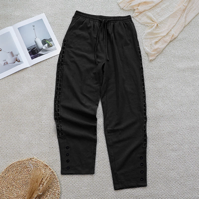 Buddha Stones Sommer-Damenhose aus Baumwolle und Leinen mit einfarbigem Spleißdesign und Taschen - image 9