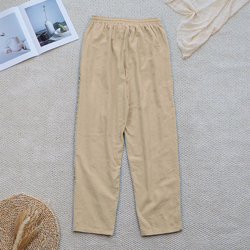 Buddha Stones Sommer-Damenhose aus Baumwolle und Leinen mit einfarbigem Spleißdesign und Taschen - image 23