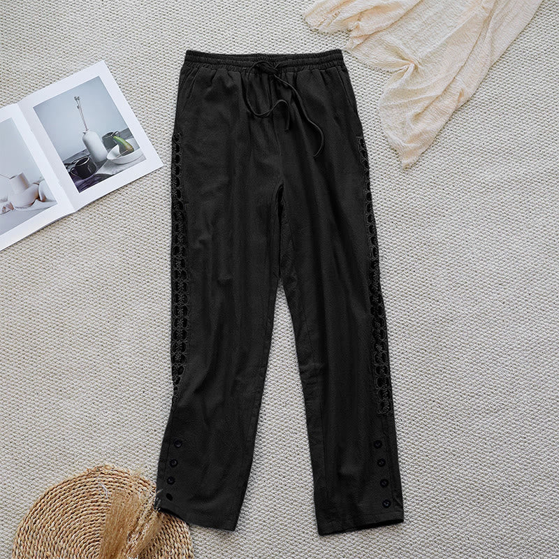 Buddha Stones Sommer-Damenhose aus Baumwolle und Leinen mit einfarbigem Spleißdesign und Taschen - Schwarz - US12， UK/AU16，EU44 (2XL) - image 7