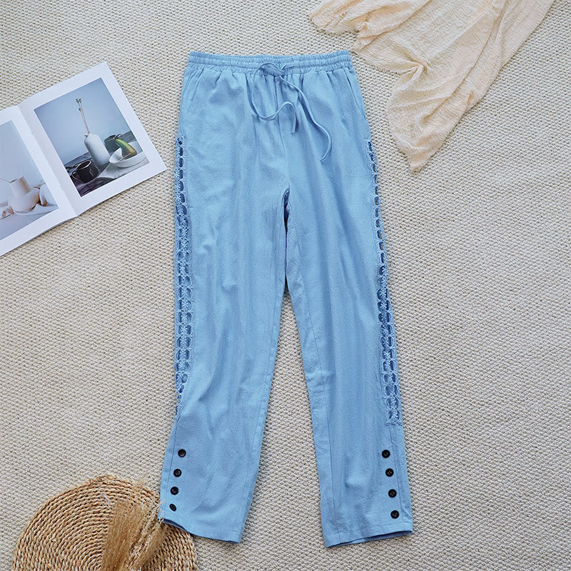 Buddha Stones Sommer-Damenhose aus Baumwolle und Leinen mit einfarbigem Spleißdesign und Taschen - HellHimmelBlau - US12， UK/AU16，EU44 (2XL) - image 28