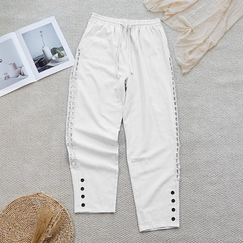 Buddha Stones Sommer-Damenhose aus Baumwolle und Leinen mit einfarbigem Spleißdesign und Taschen - image 1