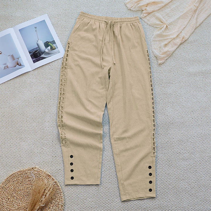 Buddha Stones Sommer-Damenhose aus Baumwolle und Leinen mit einfarbigem Spleißdesign und Taschen - image 22