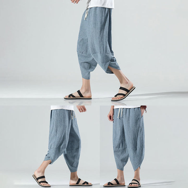 Buddha Stones Schlichtes, schlichtes Design, Kordelzug, 7–8 Länge, Leinen-Haremshose für Herren mit Taschen